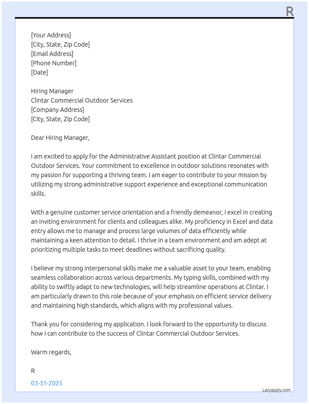 Administrative Assistant At Clintar Commercial Outdoor Services Cover Letter