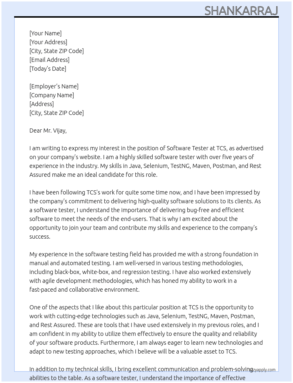 software tester At TCS Cover Letter