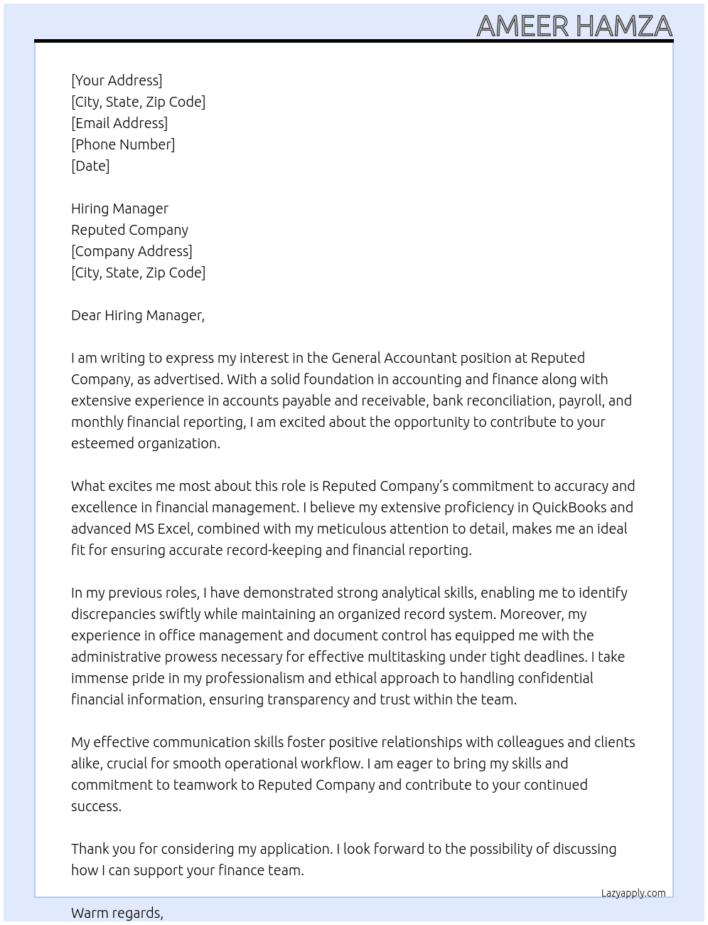 Cover letter for general accountant - LazyApply