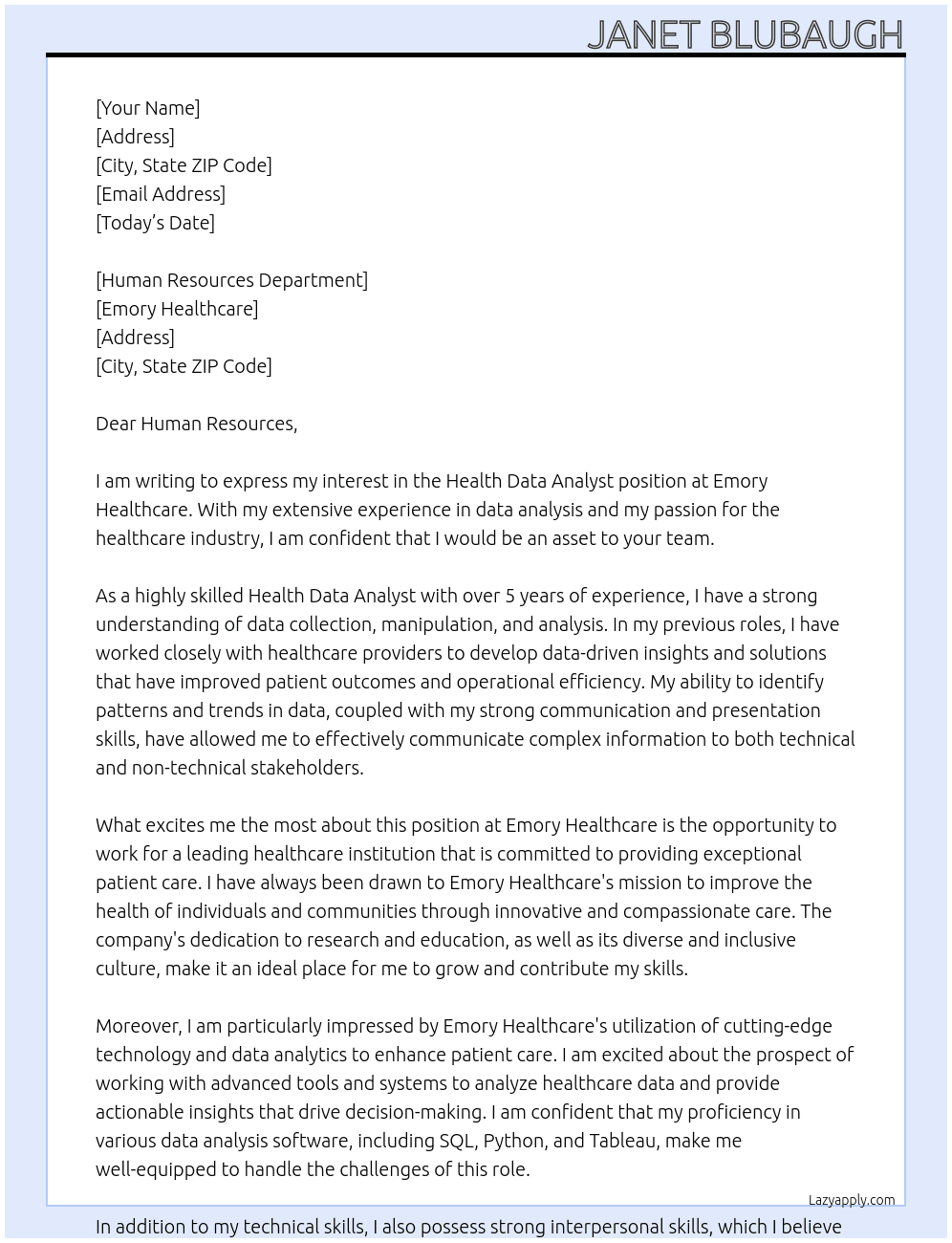 Health Data Analyst At Emory Healthcare Cover Letter