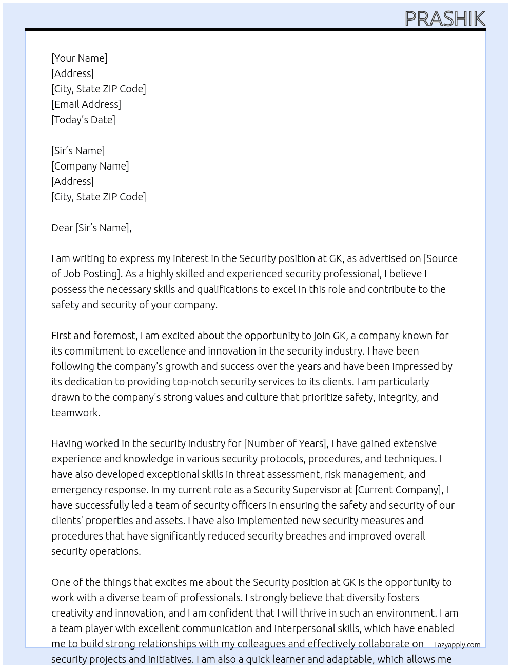 Security  At Gk Cover Letter