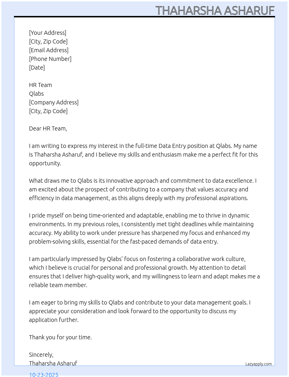 Data entry  At Qlabs Cover Letter