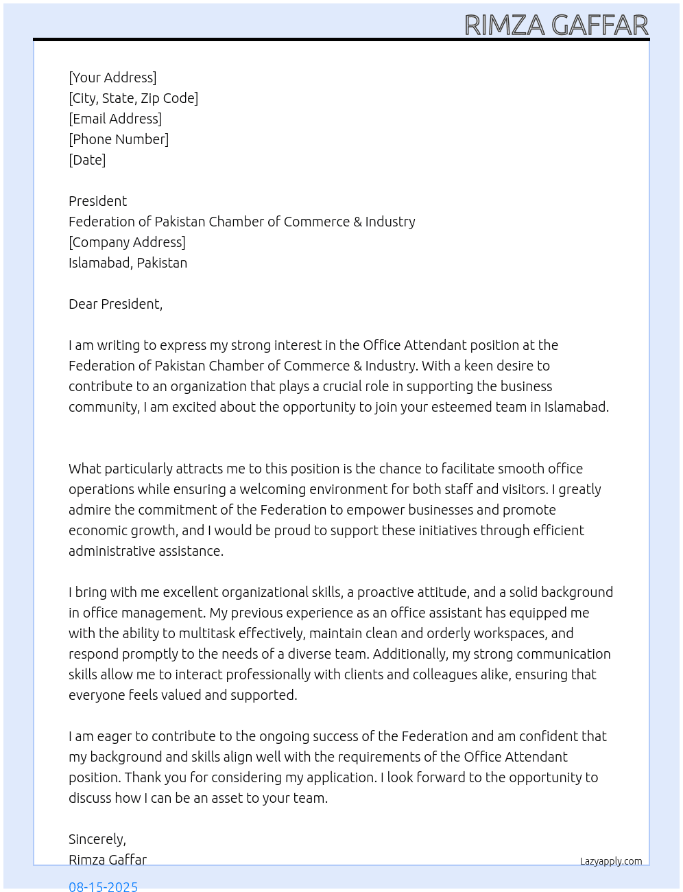 Cover letter for office attendent - LazyApply