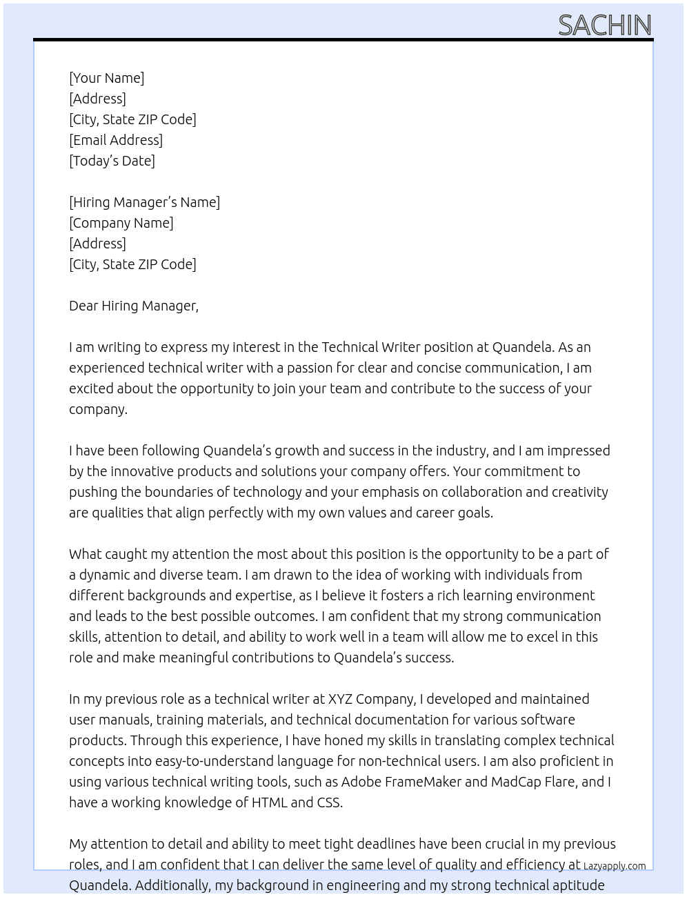 Technical Writer At Quandela Cover Letter