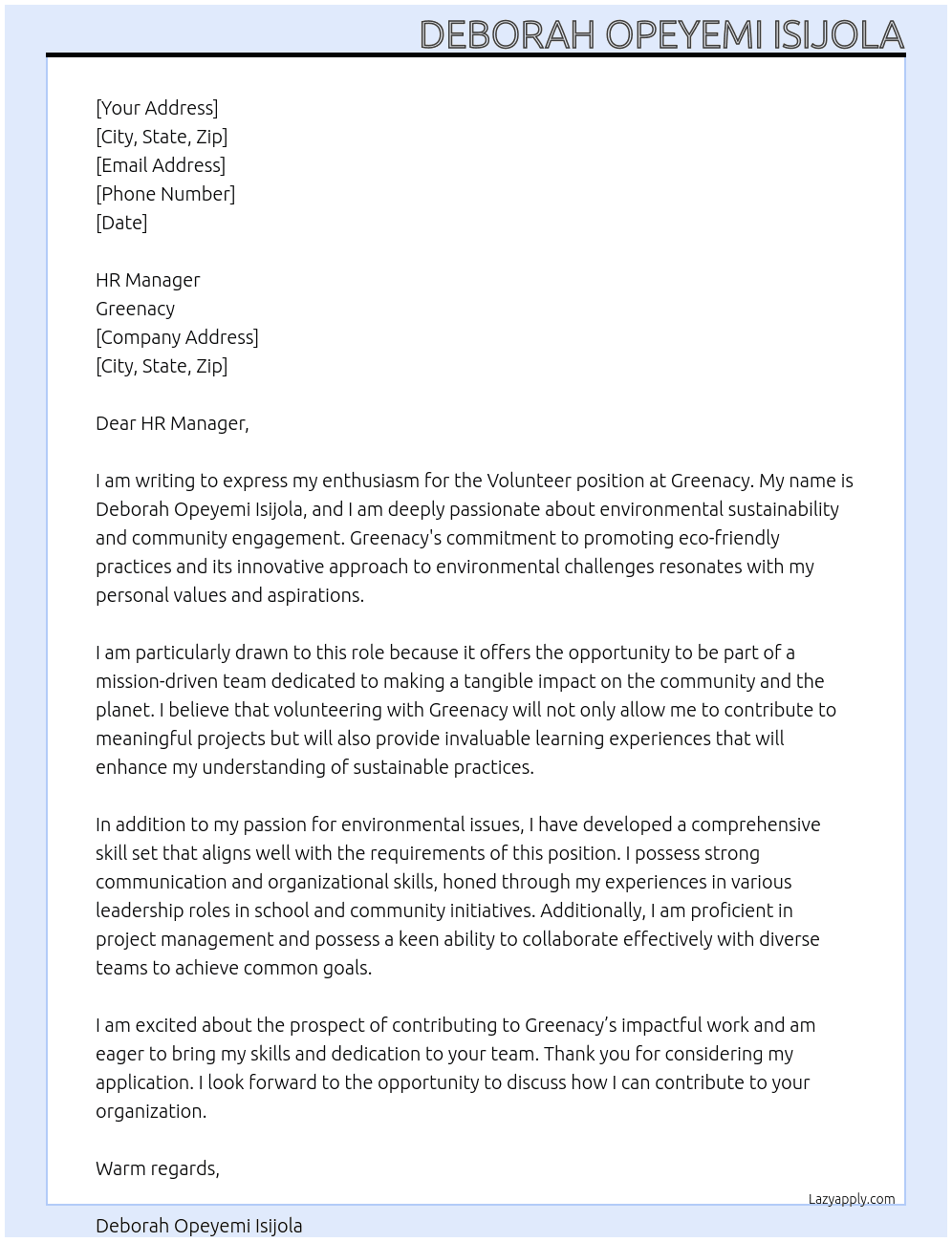 VOLUNTEER At Greenacy Cover Letter
