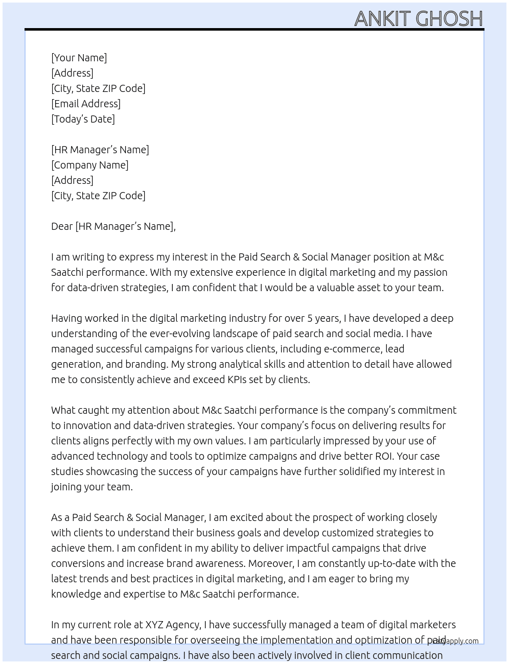 Paid Search & Social Manager At M&c Saatchi performance Cover Letter