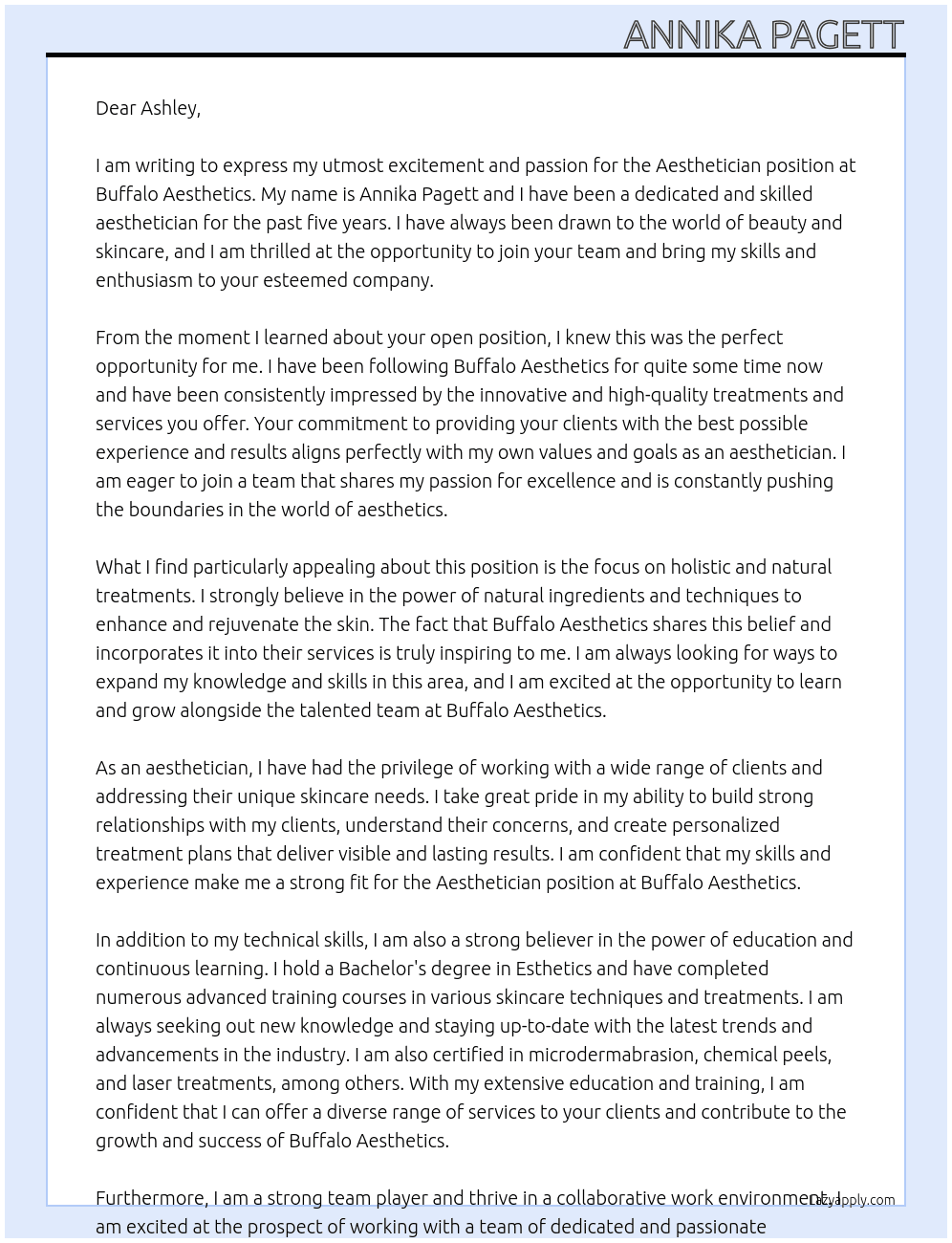 Aesthetician At Buffalo Aesthetics Cover Letter
