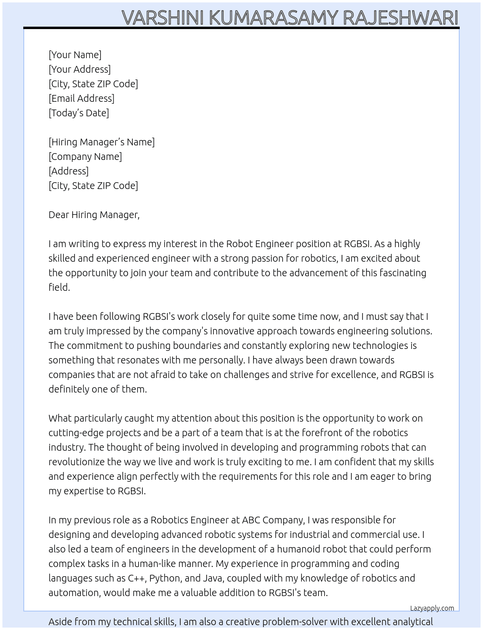 Robot Engineer At RGBSI Cover Letter