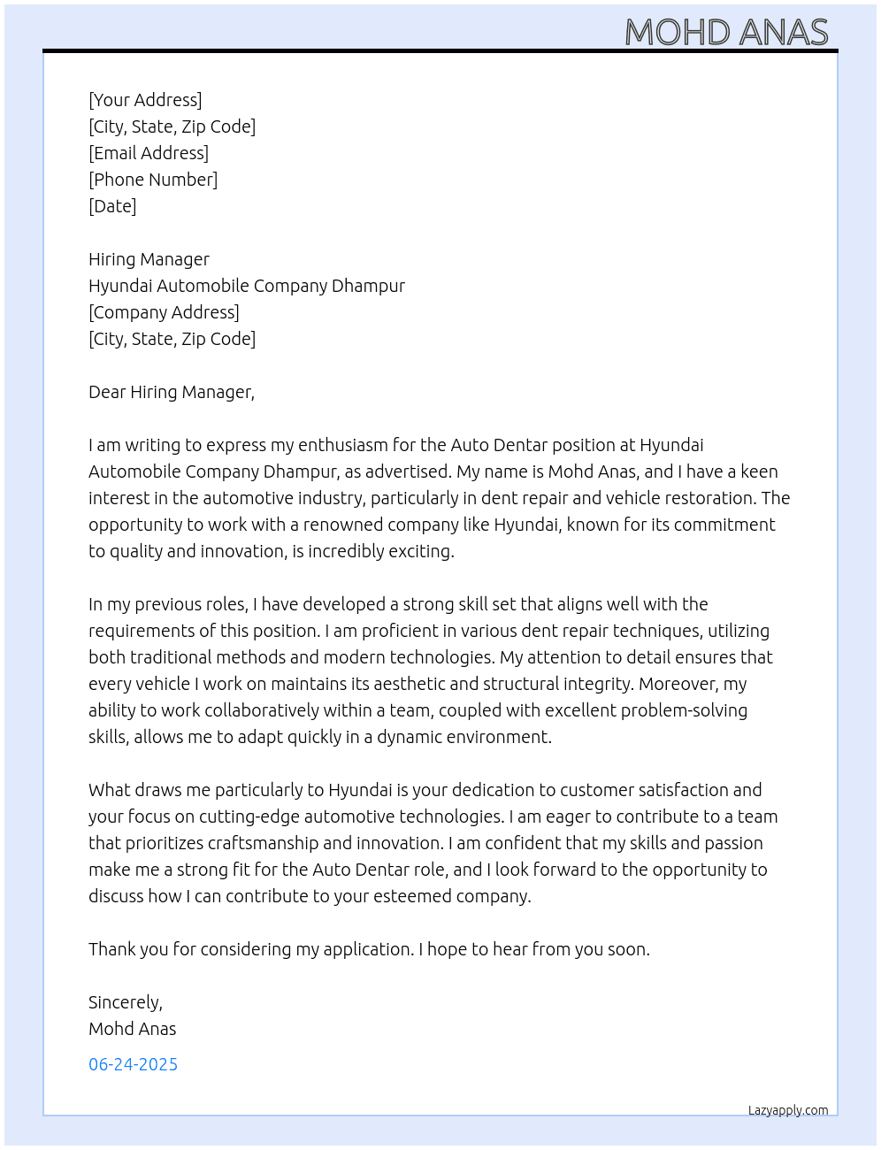 Cover letter for auto dentar - LazyApply