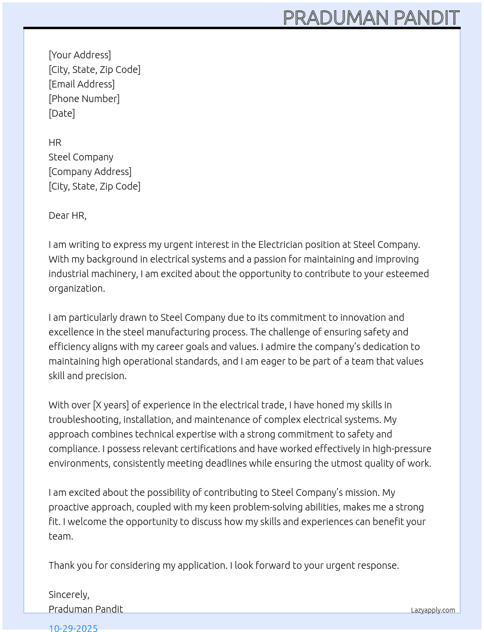 Electrician At Steel company Cover Letter