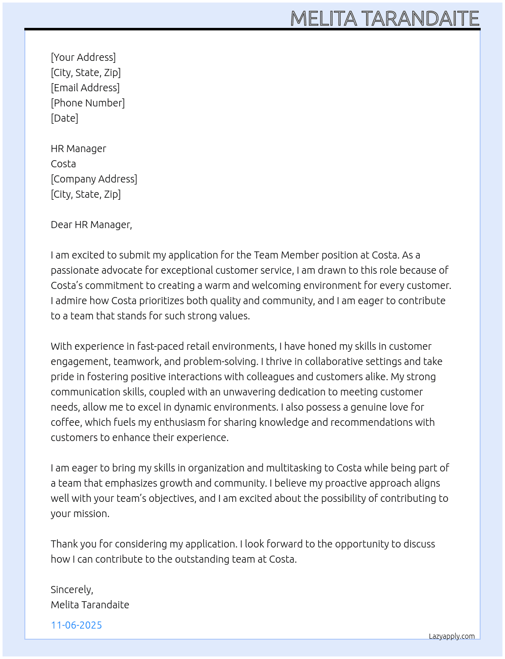 Team member At Costa Cover Letter
