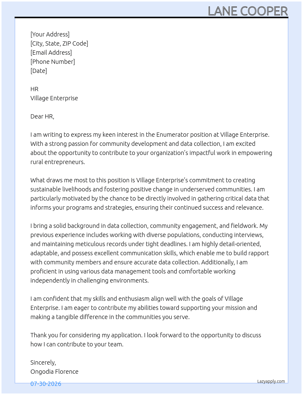 Cover letter for enumerator - LazyApply