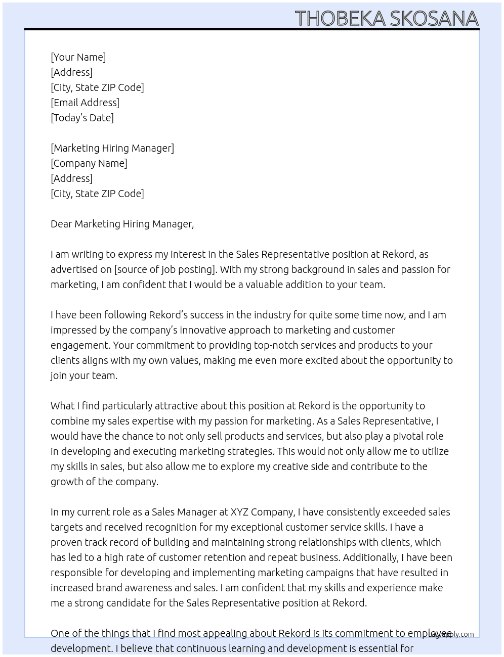 Sales Representative At Rekord Cover Letter