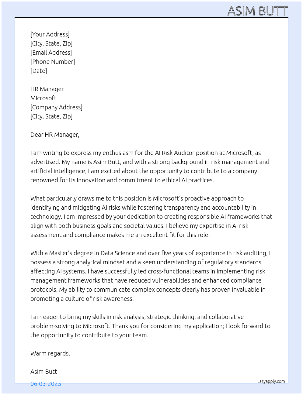 Cover letter for ai risk auditor - LazyApply