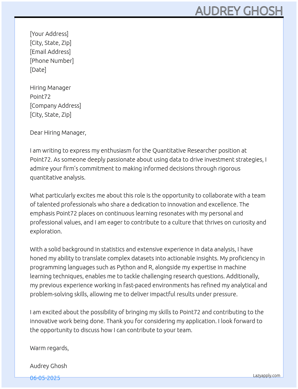 Quantitative Researcher At Point72 Cover Letter