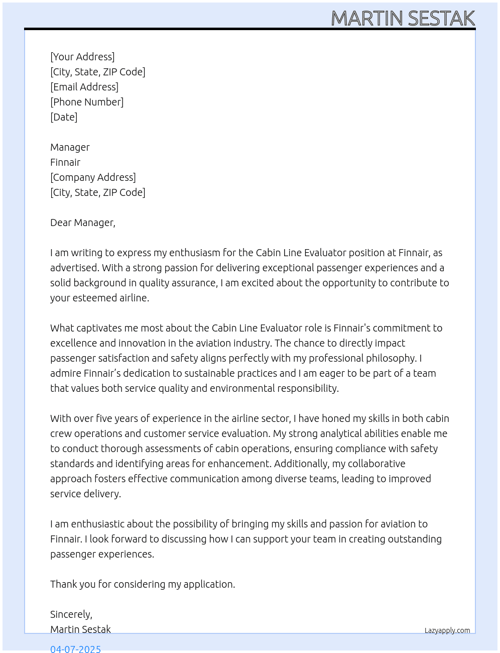 Cabin Line Evaluator At Finnair Cover Letter