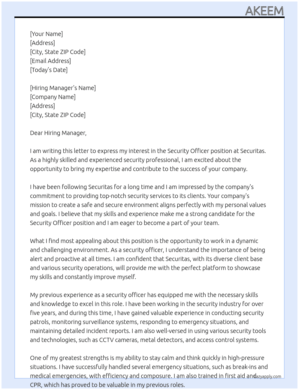 Security officer At Securitas  Cover Letter