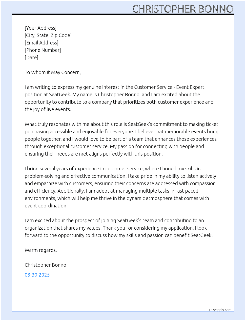 Customer Service- Event expert At SeatGeek Cover Letter