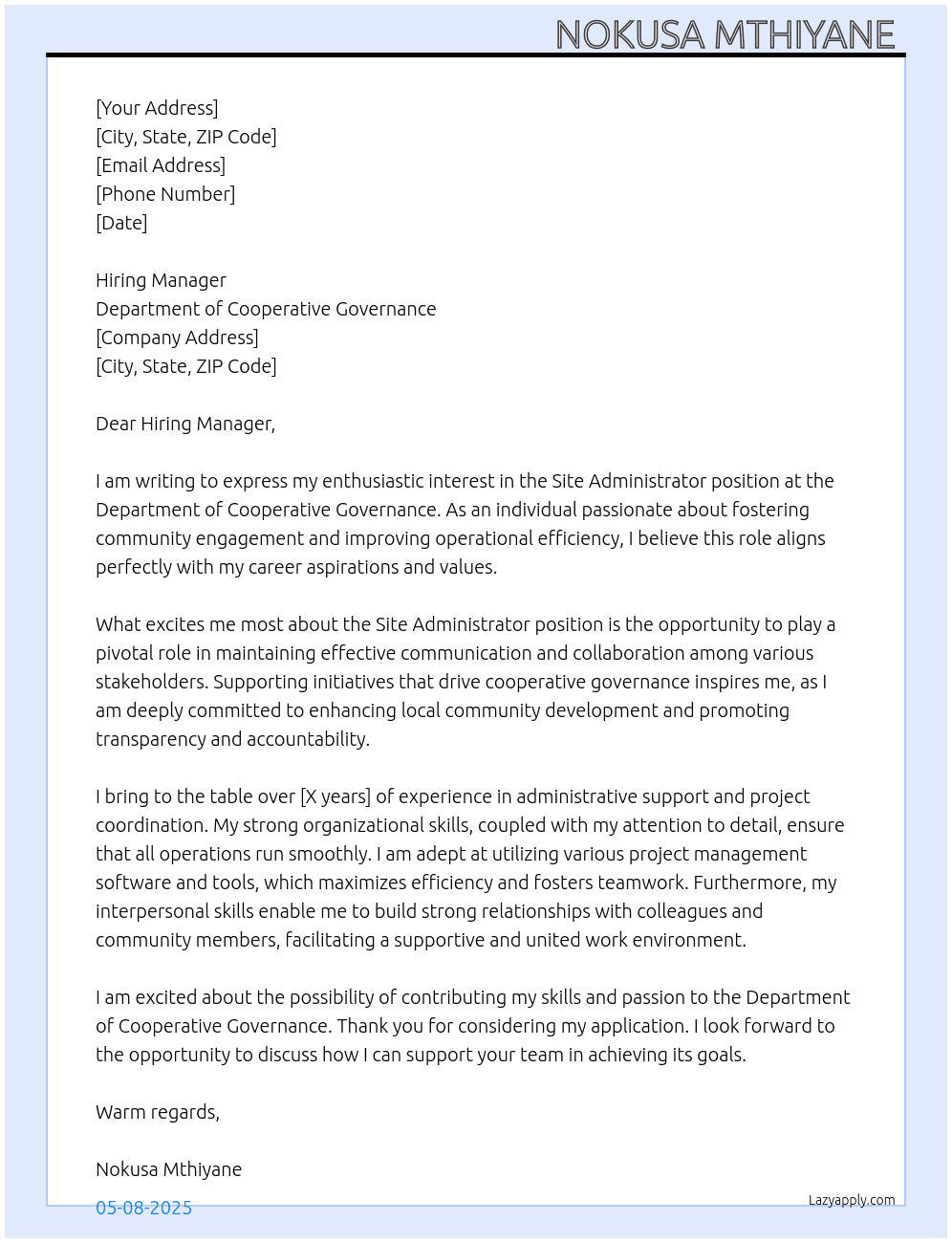 Site Administrator  At Department of Cooperative Governance  Cover Letter