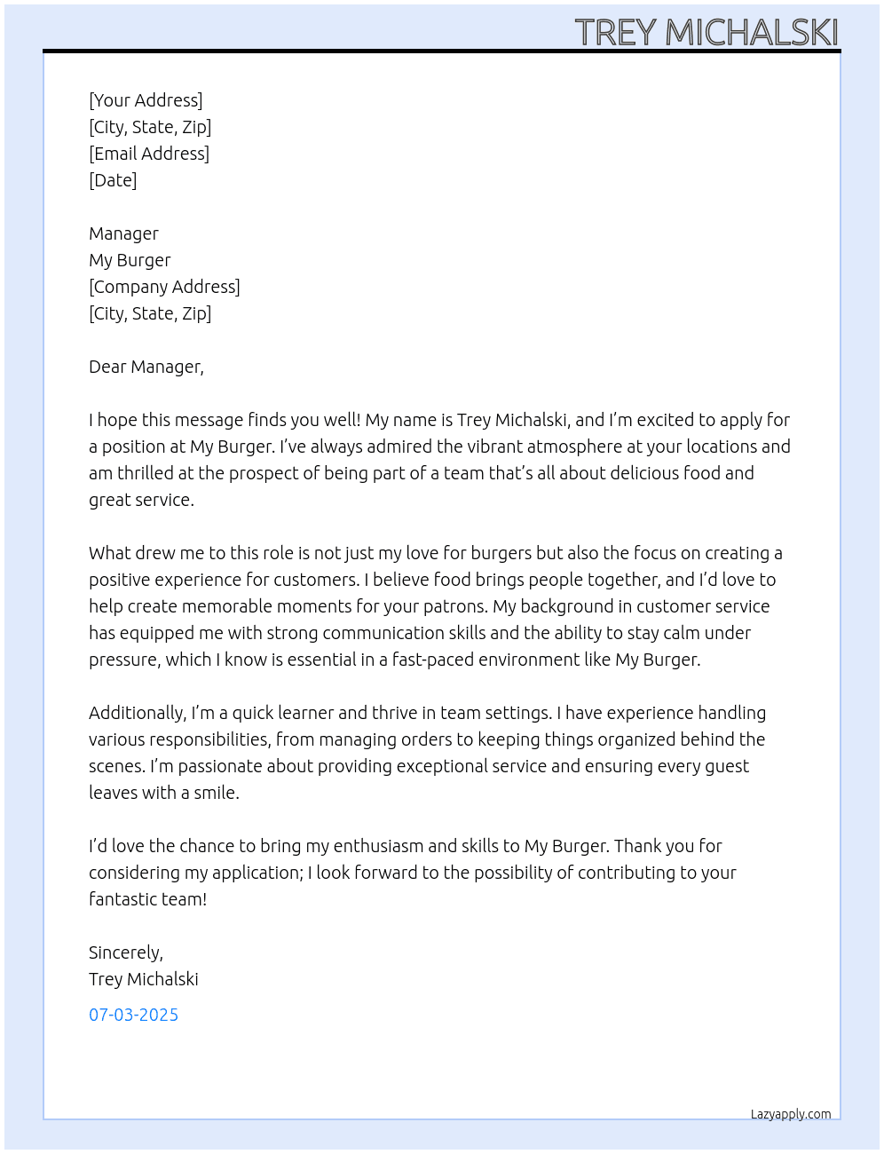 Cover letter for my burger - LazyApply