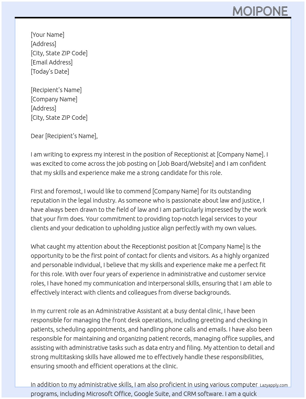 Receptionist  At Lawfirm  Cover Letter