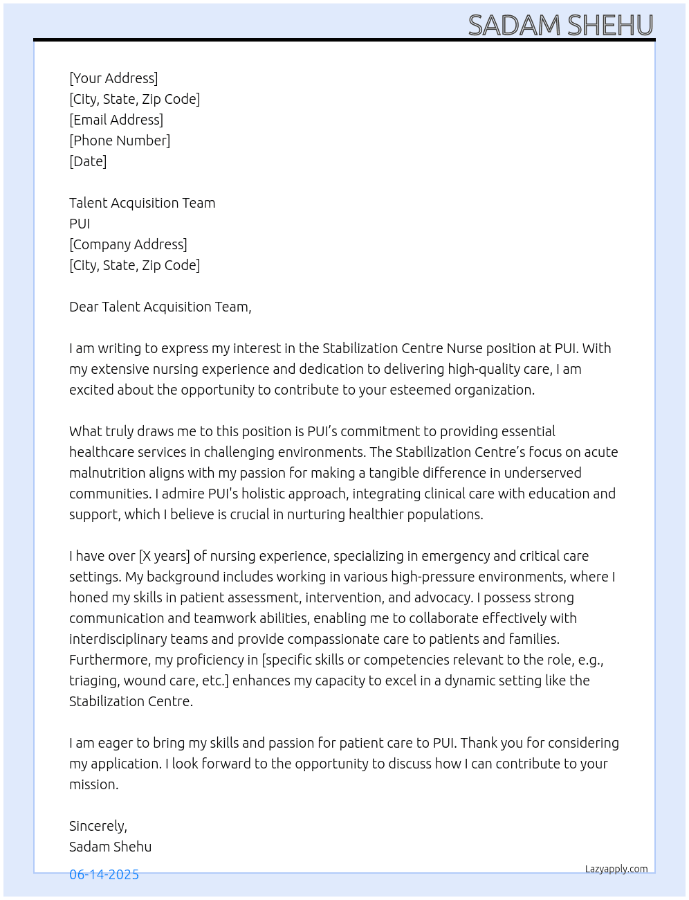 Cover letter for stabilization centre nurse - LazyApply