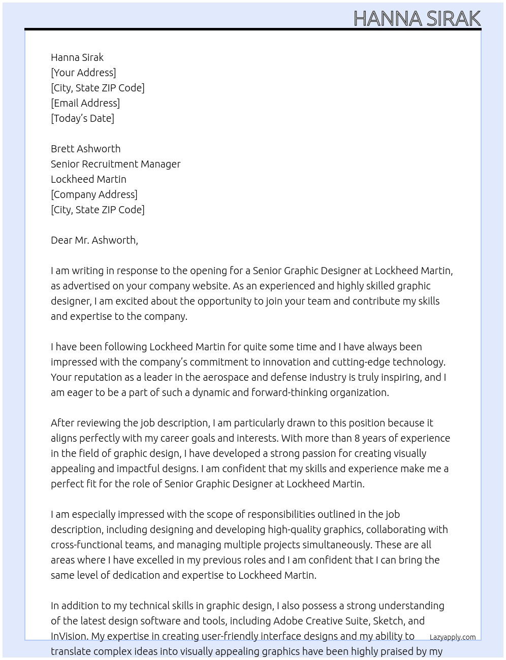 Sr. Graphic Designer At Lockheed Martin Cover Letter