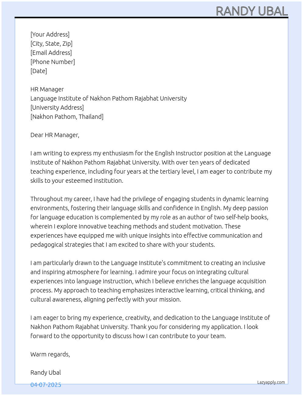 English Instructor At Language Institute of Nakhon Pathom Rajabat University Cover Letter