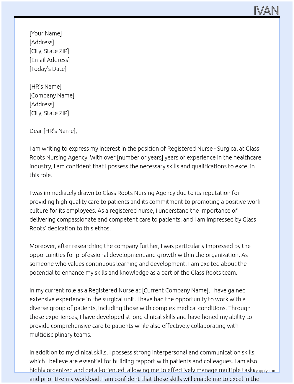 Registered Nurse - Surgical At Glass roots nursing agency  Cover Letter