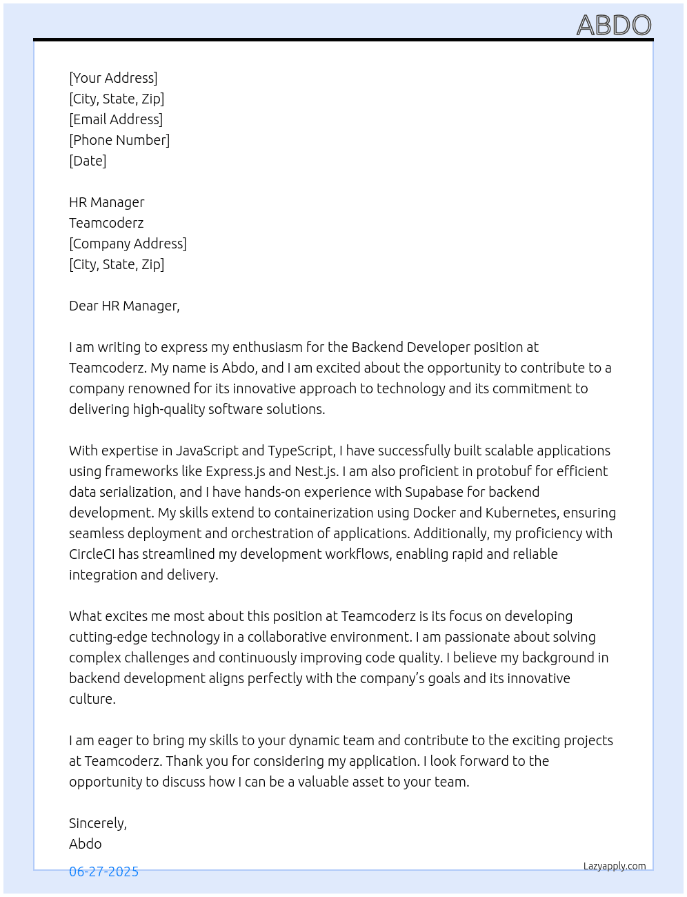 Backend Developer At teamcoderz Cover Letter