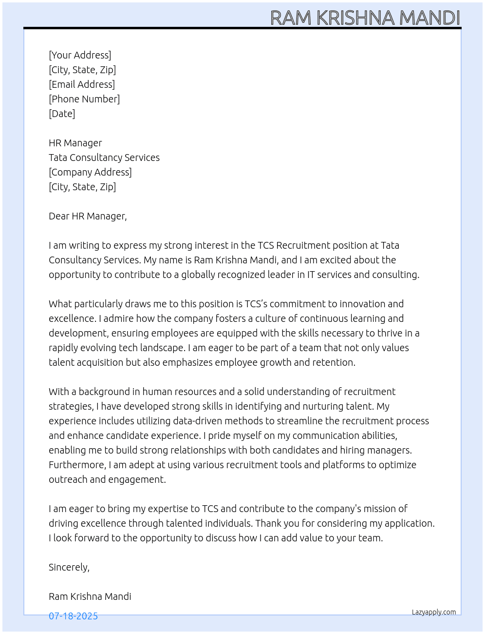 TCS RECRUITMENT At TATA CONSULTANCY SERVICES Cover Letter