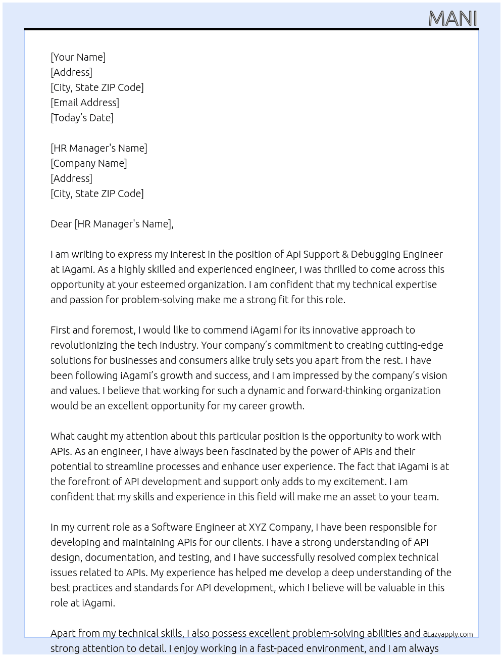 Cover letter for api support & debugging engineer - LazyApply
