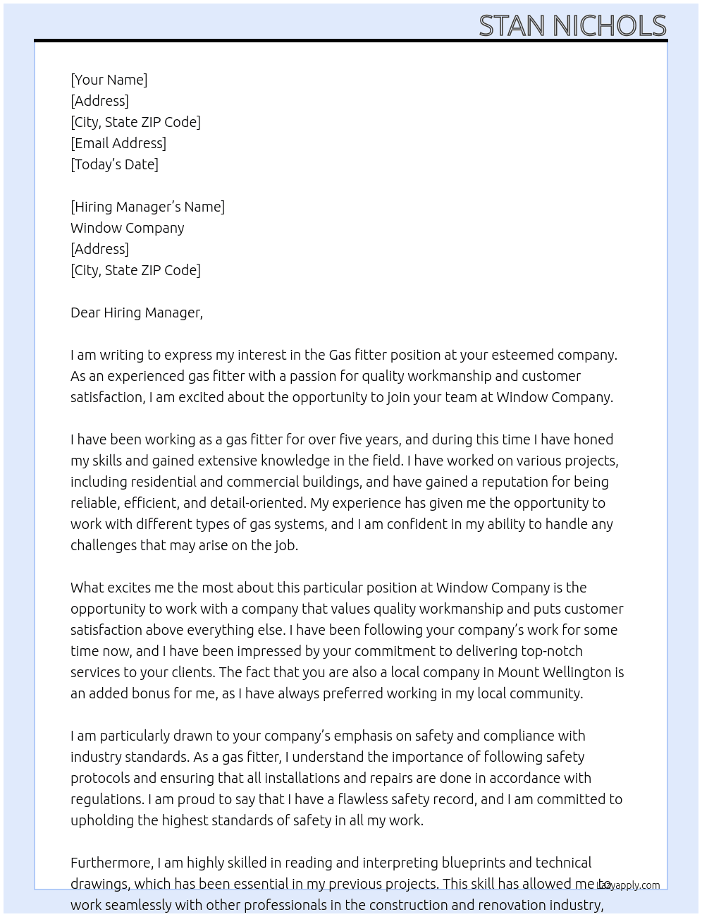Gas fitter  At Window company  Cover Letter