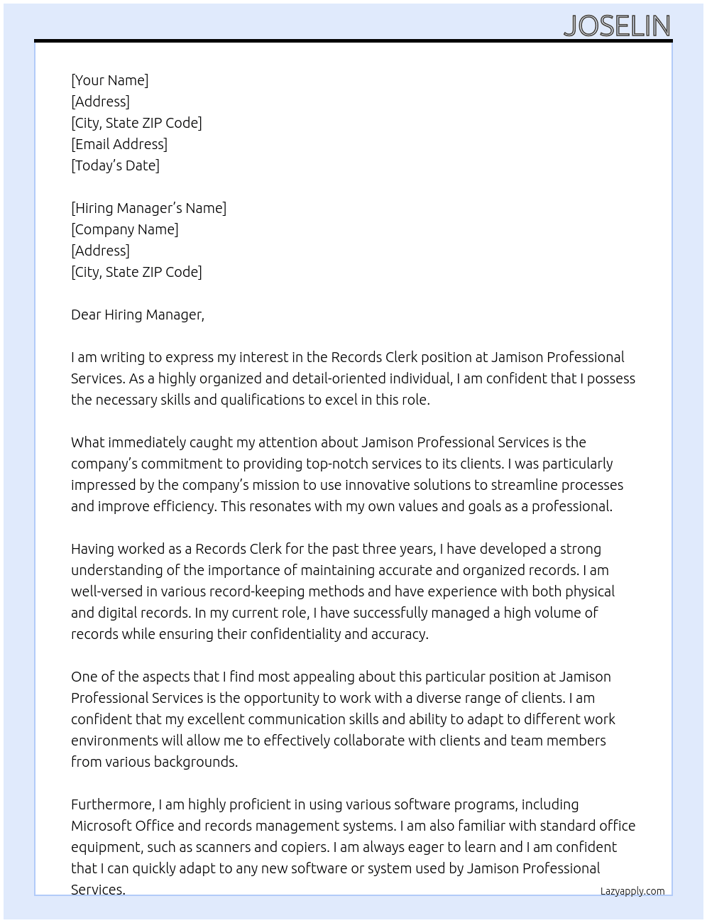 Records Clerk  At Jamison Professional Services  Cover Letter