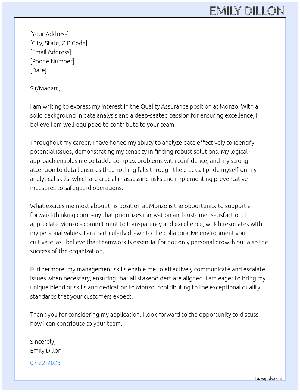 Quality Assurance  At Monzo  Cover Letter