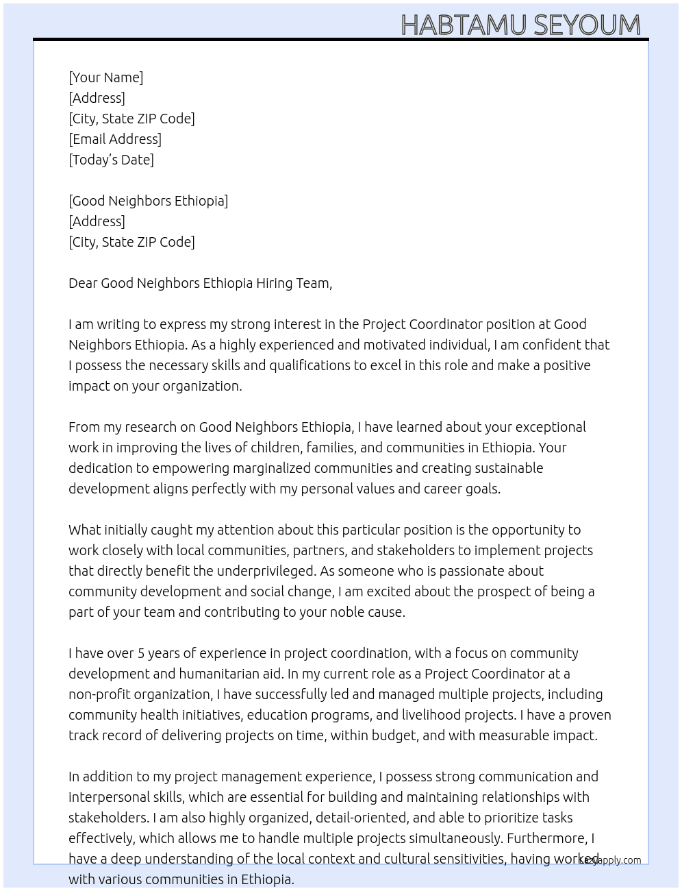 Project Coordinator At Good Neighbors Ethiopia Cover Letter