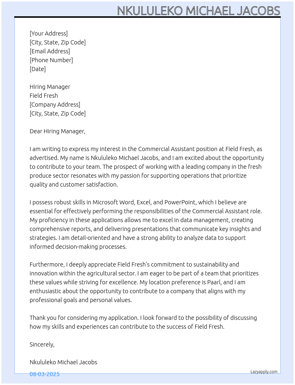 Commercial Assistant At Field Fresh Cover Letter