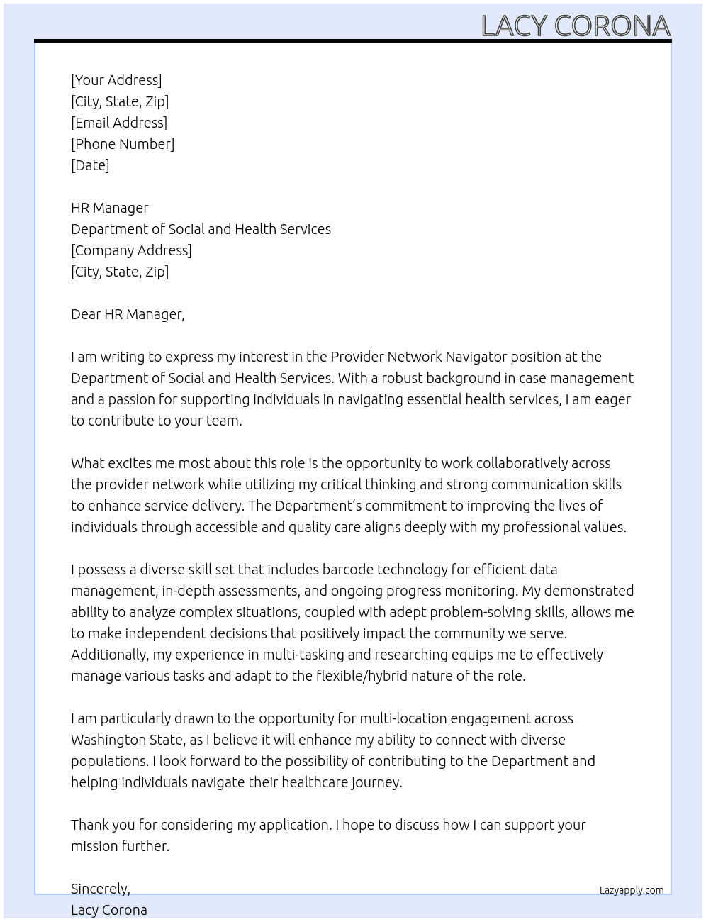 provider network navigator At department of social and health services Cover Letter