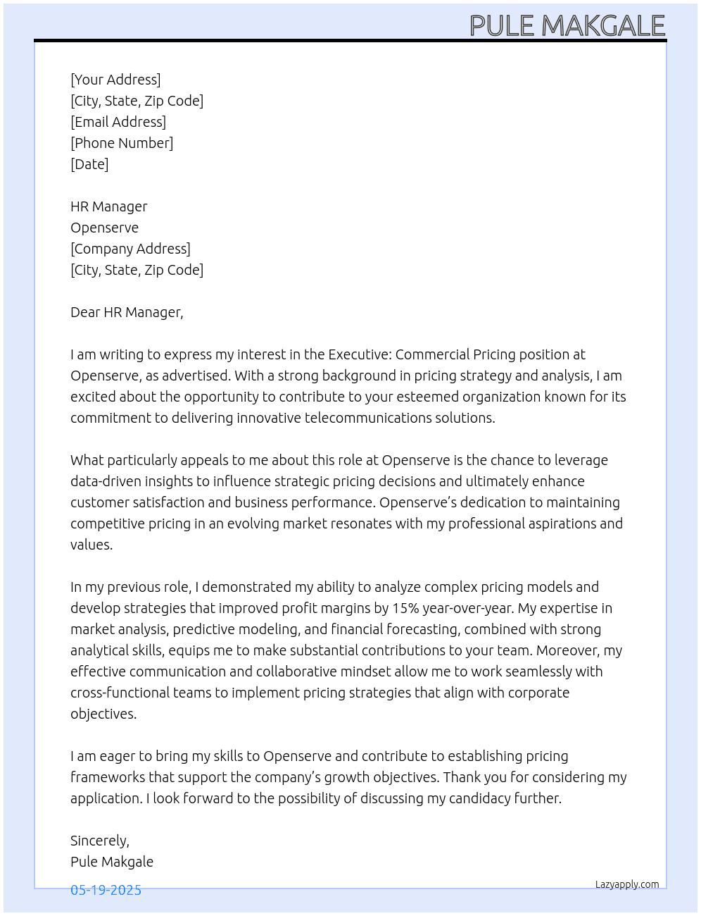 Cover letter for executive: commercial pricing - LazyApply