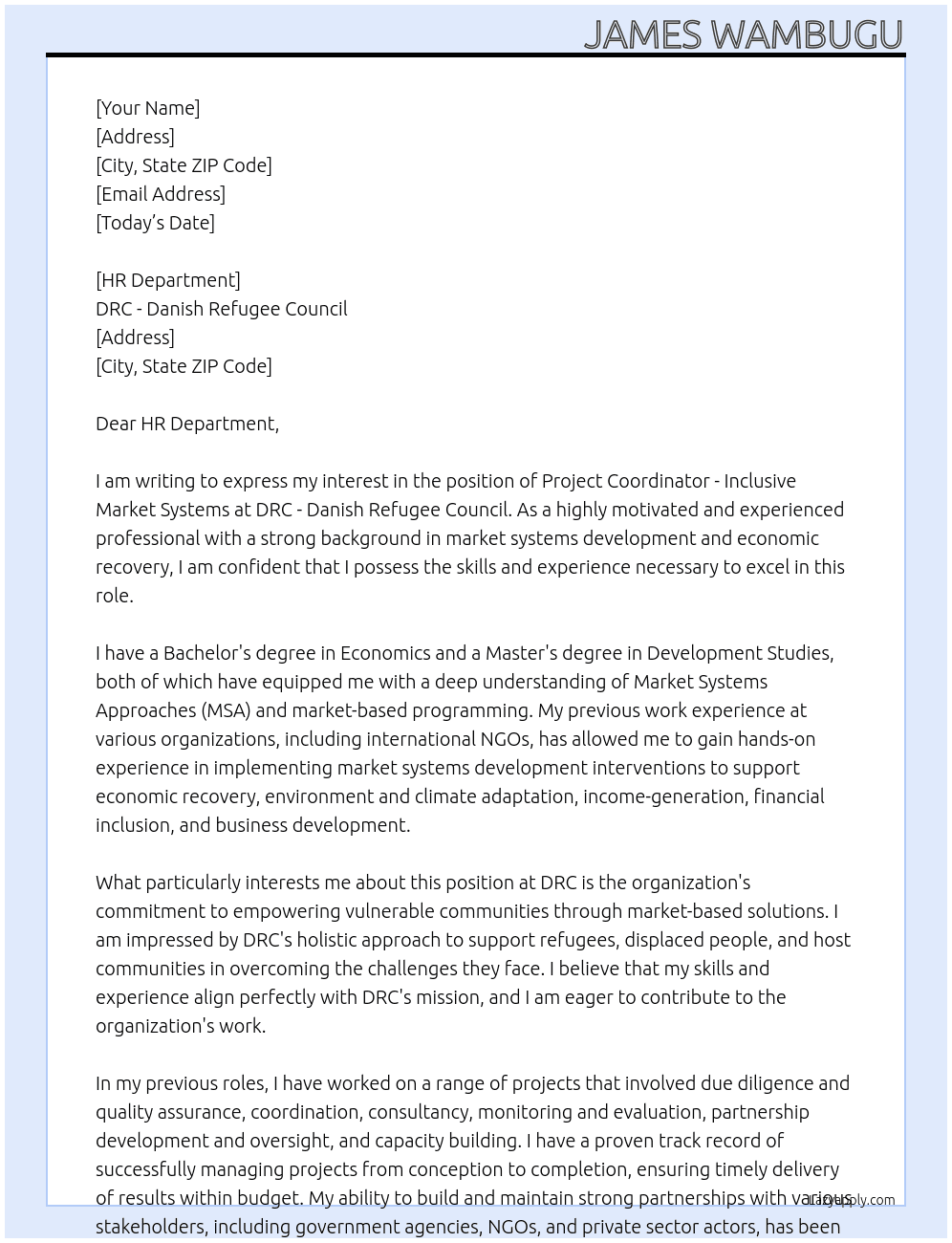 Project Coordinator - Inclusive Market Systems At DRC - Danish Refugee Council  Cover Letter