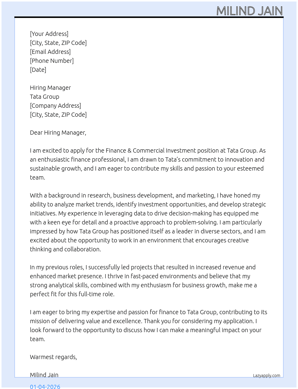 Finance & Commercial Investment At Tata Group Cover Letter