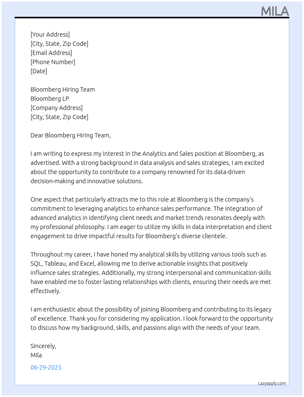 Cover letter for analytics and sales - LazyApply