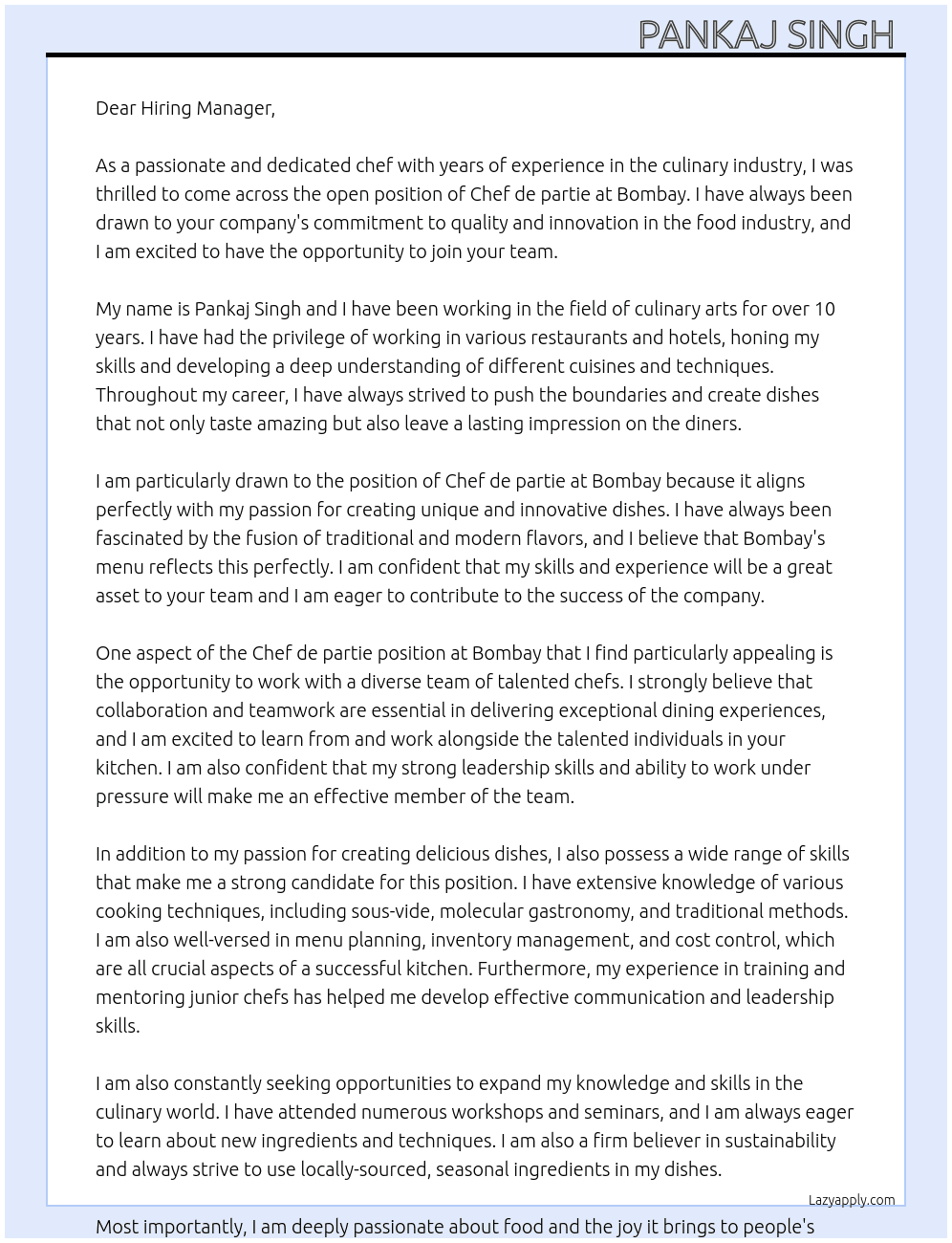 Chef de partie  At Bombay  Cover Letter