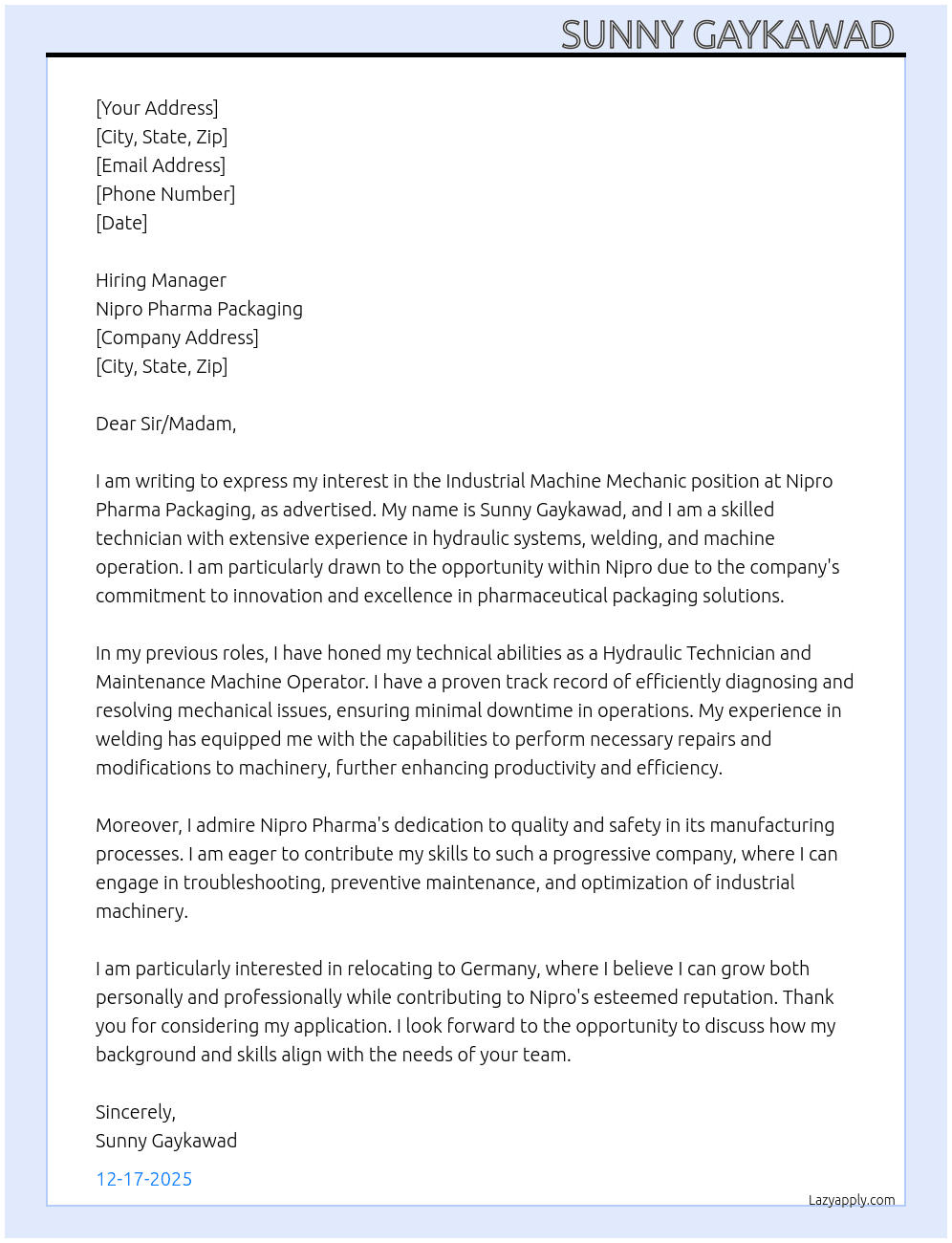Industrial machine machnic  At Nipro pharma packaging  Cover Letter