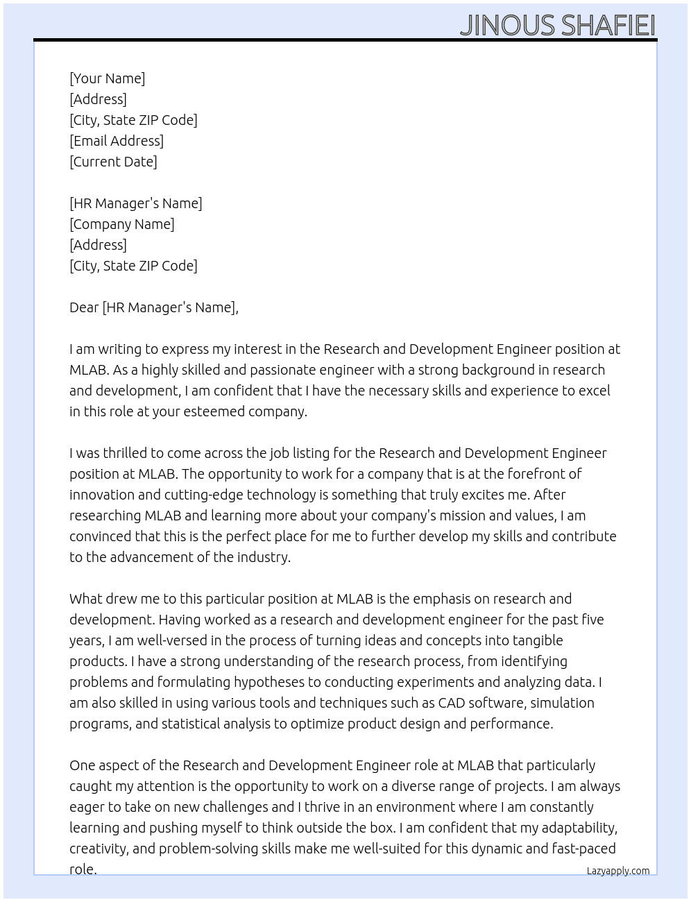 Cover letter for research and development engineer - LazyApply