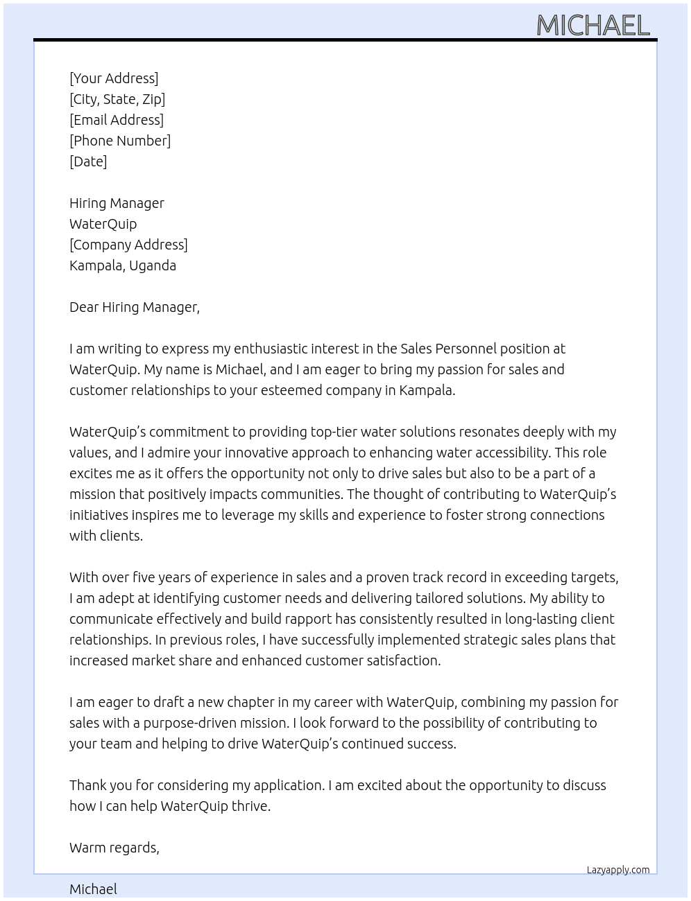 Sales personnel  At WaterQuip  Cover Letter