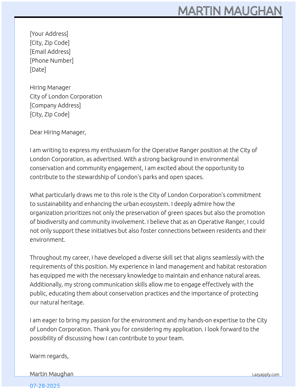 Operative Ranger At City Of London Coporation Cover Letter