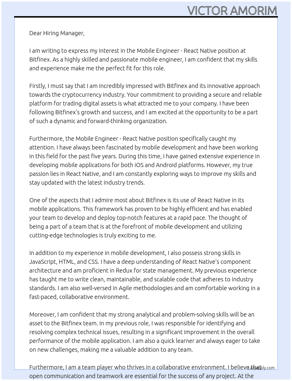 Mobile Engineer - React Native At Bitfinex Cover Letter