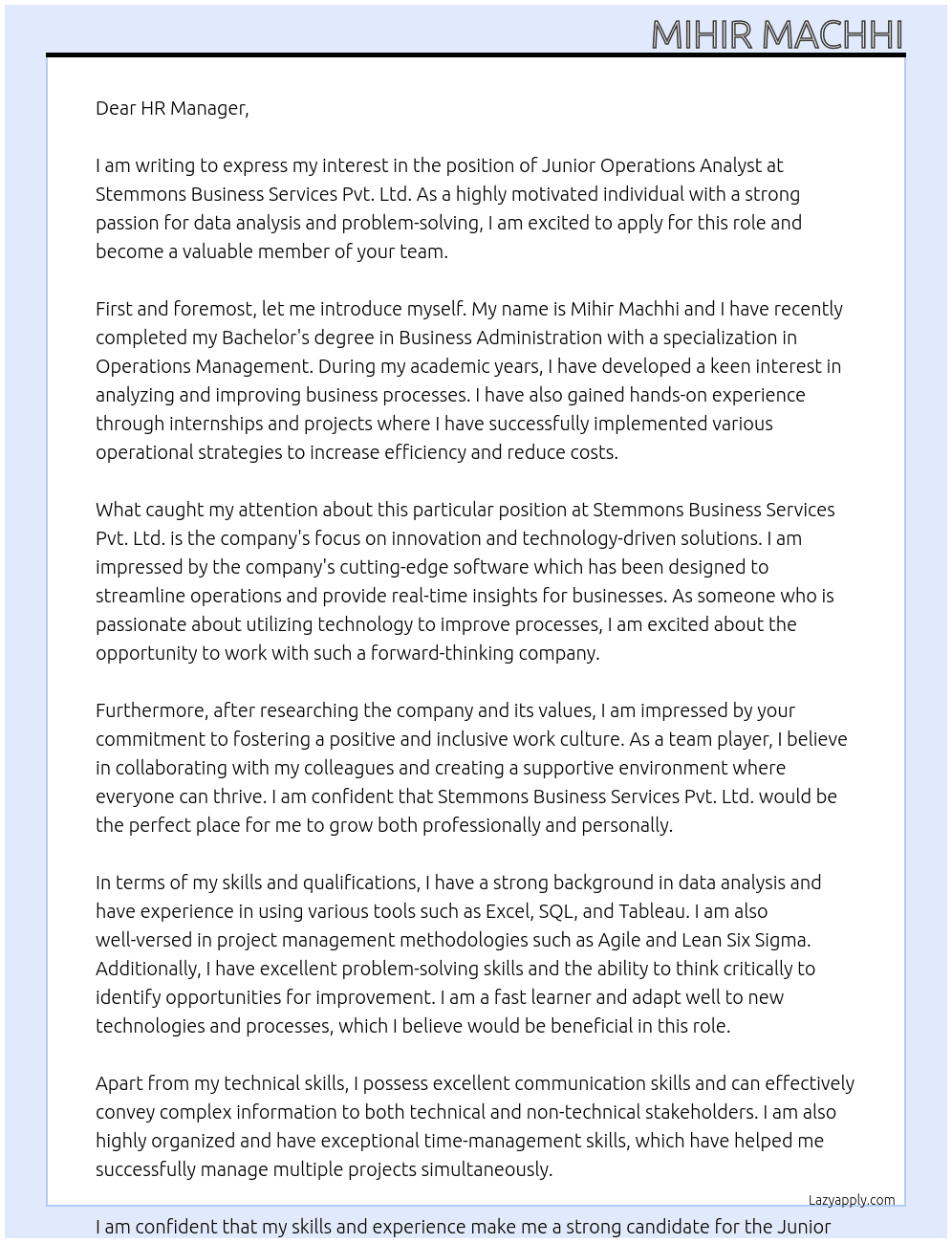 Junior Operations Analyst At Stemmons Business Services Pvt. Ltd. Cover Letter