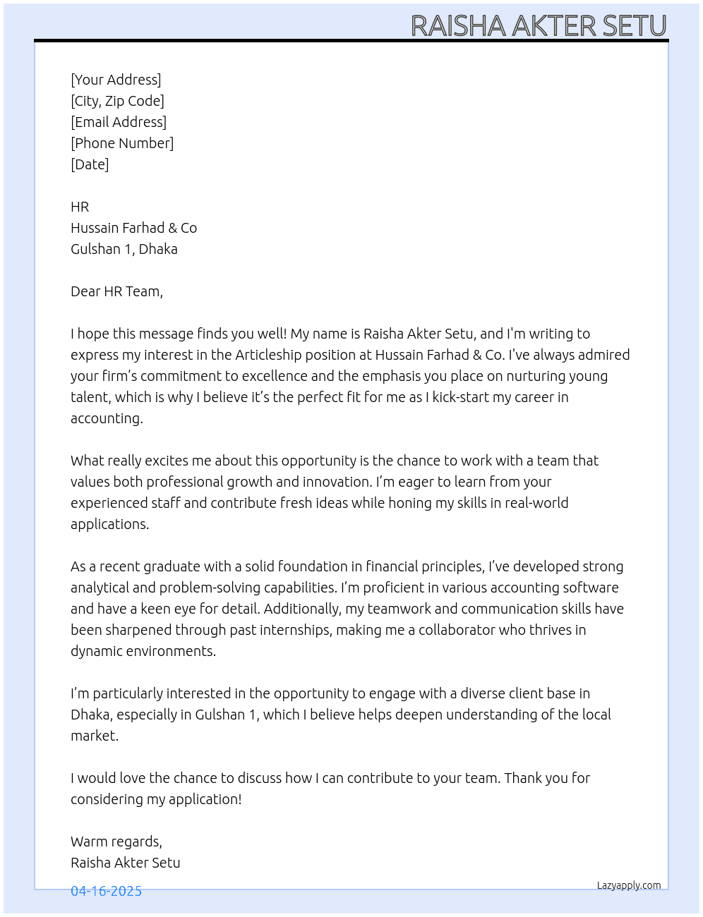 Articleship  At Hussain Farhad &Co Cover Letter